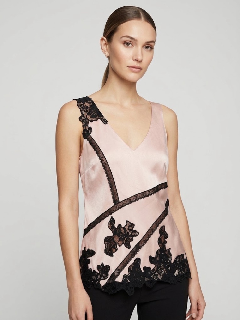 BCBGMaxAzria Pink Satin V-Neck Cami with Black Lace Appliqué